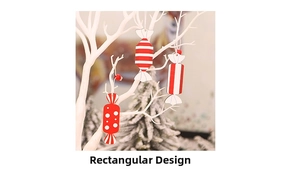 Close-up of red and white striped wooden candy ornaments hanging on a white Christmas tree
