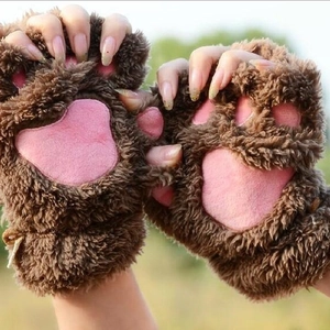 Winter cartoon plush cat paw fingerless gloves in brown with pink soft pads