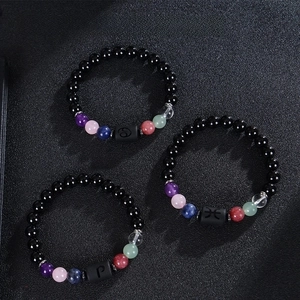 Natural black obsidian zodiac bracelets with colorful crystal beads and engraved signs