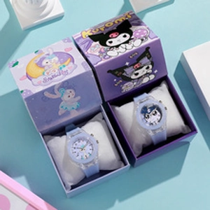 Close-up of Kuromi and StellaLou cartoon watches with matching gift boxes on stands