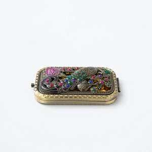 Vintage metal folding makeup mirror with peacock relief and colorful rhinestones