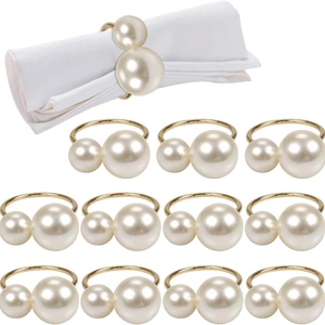 Set of 12 gold metal napkin rings with large and small white pearls for table decor