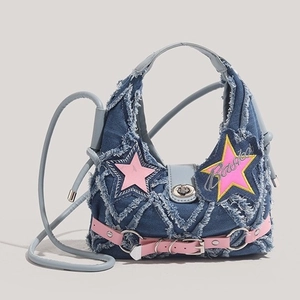 Women Denim Shoulder Bag With Pink Star Patches Fringed Raw Edge Y2K Style Streetwear Retro Crossbody Handbag