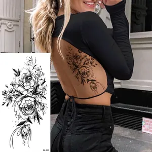 Sketch style black peony flower temporary tattoo sticker showing full design and model use