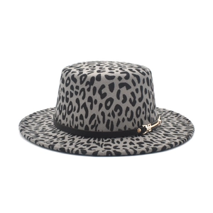 Leopard Print Wool Felt Boater Hat Vintage Wide Brim Flat Top Jazz Style For Women With Belt Buckle