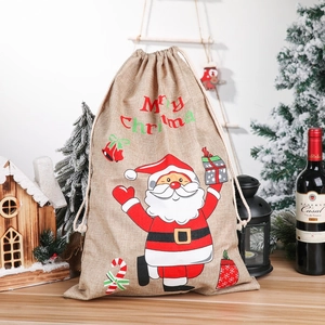 Christmas Burlap Gift Bag Santa Claus Printed Large Drawstring Sack For Candy Treats Party Favors Festive Decoration