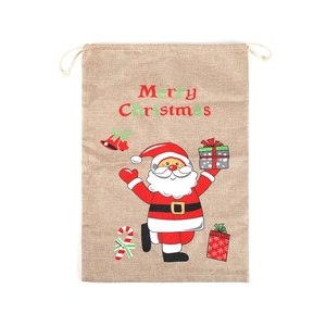 Linen Christmas drawstring gift bag with Santa Claus print and Merry Christmas text