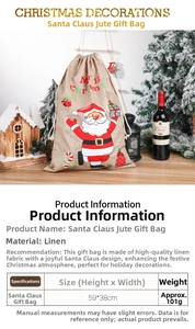Detail view of a 59x38cm Santa burlap gift bag showing material and printed pattern