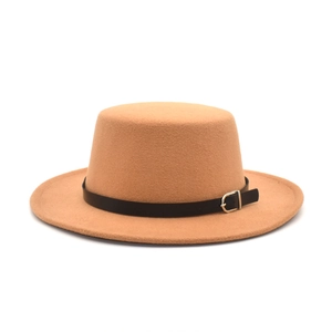 Elegant camel wool felt flat top boater hat with black leather band and metal buckle
