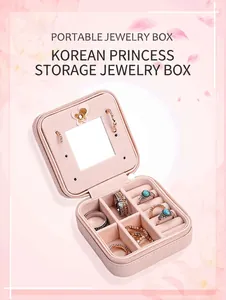 Portable Jewelry Box PU Leather Mini Travel Storage Organizer Square Zipper Mirror Case For Rings Earrings Accessories