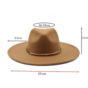 Brown wide brim wool fedora hat with gold buckle detail and specific dimensions