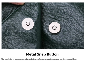 Macro shot of circular metal magnetic buckles on deep green lychee textured leather