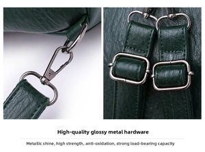 Detail of green leather backpack featuring durable silver metal hooks and D-ring buckles