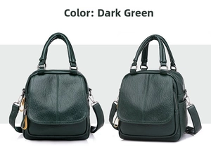Detailed dual-view of dark green pebbled leather bag with handles and adjustable straps