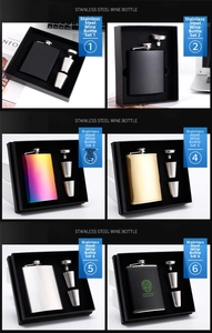 Detailed grid view of 8oz stainless steel hip flask sets in various finishes and colors