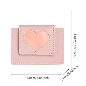 Pink heart-decorated mini card wallet for women with precise size measurements