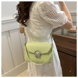 Close-up of the silver butterfly metal buckle on a light green leather shoulder bag