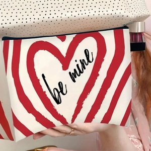 Valentine's Day Heart Print Cosmetic Bag Polyester Zippered Makeup Pouch Foldable Travel Toiletry Organizer Women
