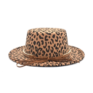 Flat top leopard print boater hat with wide brim and gold bead ribbon detail