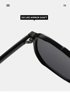 Close-up of secure mirror shaft with silver metal hinge on black square sunglasses