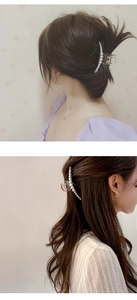 Detail showing the elegant pearl hair claw clip worn in two different hairstyles
