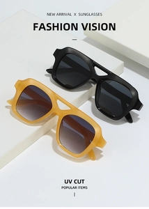 Detail of square double-bridge sunglasses in matte black and amber yellow frames