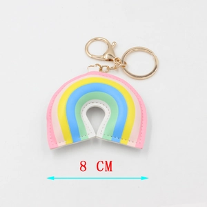 Detail showing an 8cm colorful PU rainbow keychain with a golden metal lobster clasp