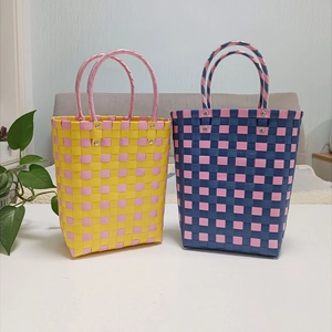 Handmade woven tote bags in yellow-pink and blue-pink plaid for summer style