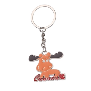 Metal Canada souvenir keychain featuring a cartoon moose and red maple leaf on white background