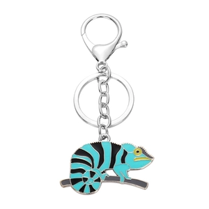 Blue and black enamel chameleon metal keychain with silver lobster clasp on white background