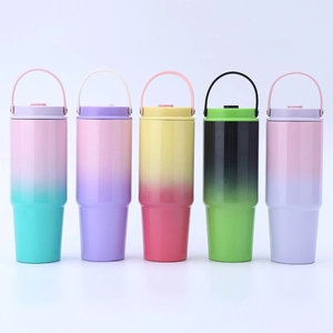 30oz stainless steel tumblers with gradient colors, carry handles, and straws for travel
