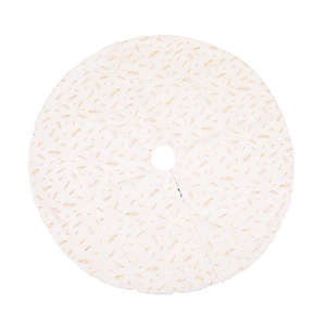 White faux fur Christmas tree skirt featuring elegant gold foil feather patterns