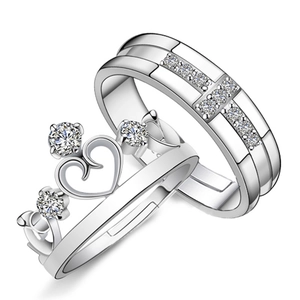 Adjustable silver crown couple rings set for prince and princess with sparkling stones