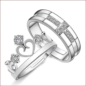 Copper Rhinestone Couple Rings Crown Heart Cross Adjustable Open Finger Rings For Men Women Lover Engagement Jewelry Gift