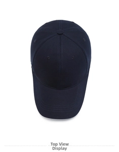 Detailed top view of a navy blue cotton six-panel baseball cap with neat stitching