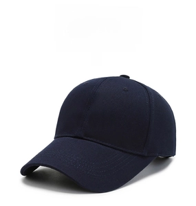 Detailed view of dark blue cotton twill baseball cap with reinforced curved brim