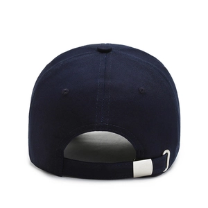 Deep navy cotton baseball cap from back view with adjustable silver metal buckle