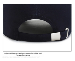 Detail of navy cotton baseball cap showing adjustable metal buckle and stitching