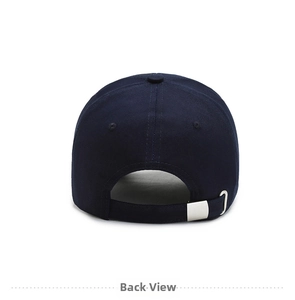 Rear view of dark blue cotton baseball cap showing six-panel crown and metal buckle strap