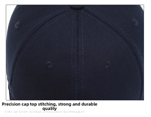 Detailed close-up of navy cotton baseball cap top showing stitching and ventilation holes