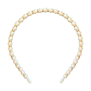 Elegant white pearl headband for girls with gold rhinestone accents on a white background