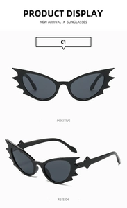 Detailed front and side views of black bat-shaped cat eye sunglasses for party wear
