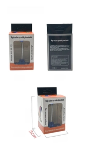 Three-view display of blue magic suction cup phone holder with packaging dimensions