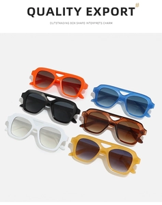 Macro display of assorted square sunglasses with thick frames and hollow bridge design