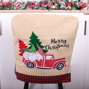 Linen Christmas chair cover with Merry Christmas text and red truck festive patterns