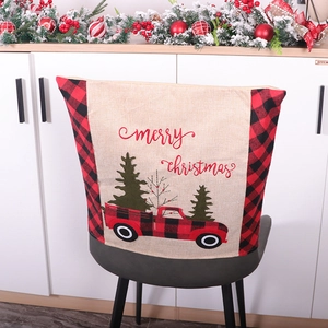 Christmas chair cover with red truck and tree, rustic buffalo plaid linen seat decoration