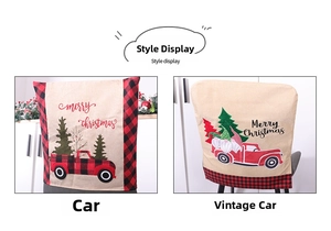 Detail of Christmas chair covers showing burlap fabric with truck and gnome patterns