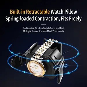 Automatic watch winder with telescopic pillow and luxury mechanical watch on blue background