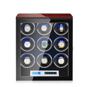 9-slot automatic watch winder box with red wood finish and digital touch panel