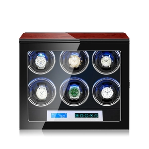 6-slot automatic watch winder with black finish, wood top, blue LED and LCD touch display